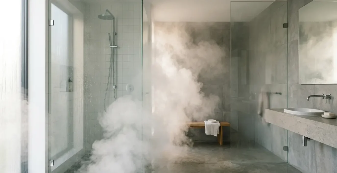 Vapeur d'eau s'échappant d'une douche chaude dans une salle de bain moderne, illustrant les risques pour les seniors