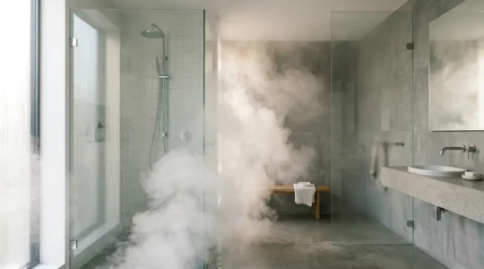 Vapeur d'eau s'échappant d'une douche chaude dans une salle de bain moderne, illustrant les risques pour les seniors