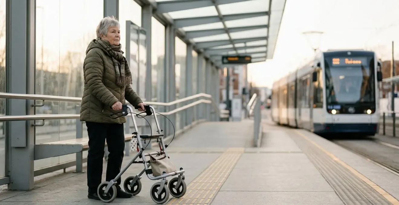 Personne âgée avec déambulateur attendant le tramway sur un quai accessible