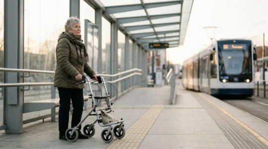 Personne âgée avec déambulateur attendant le tramway sur un quai accessible