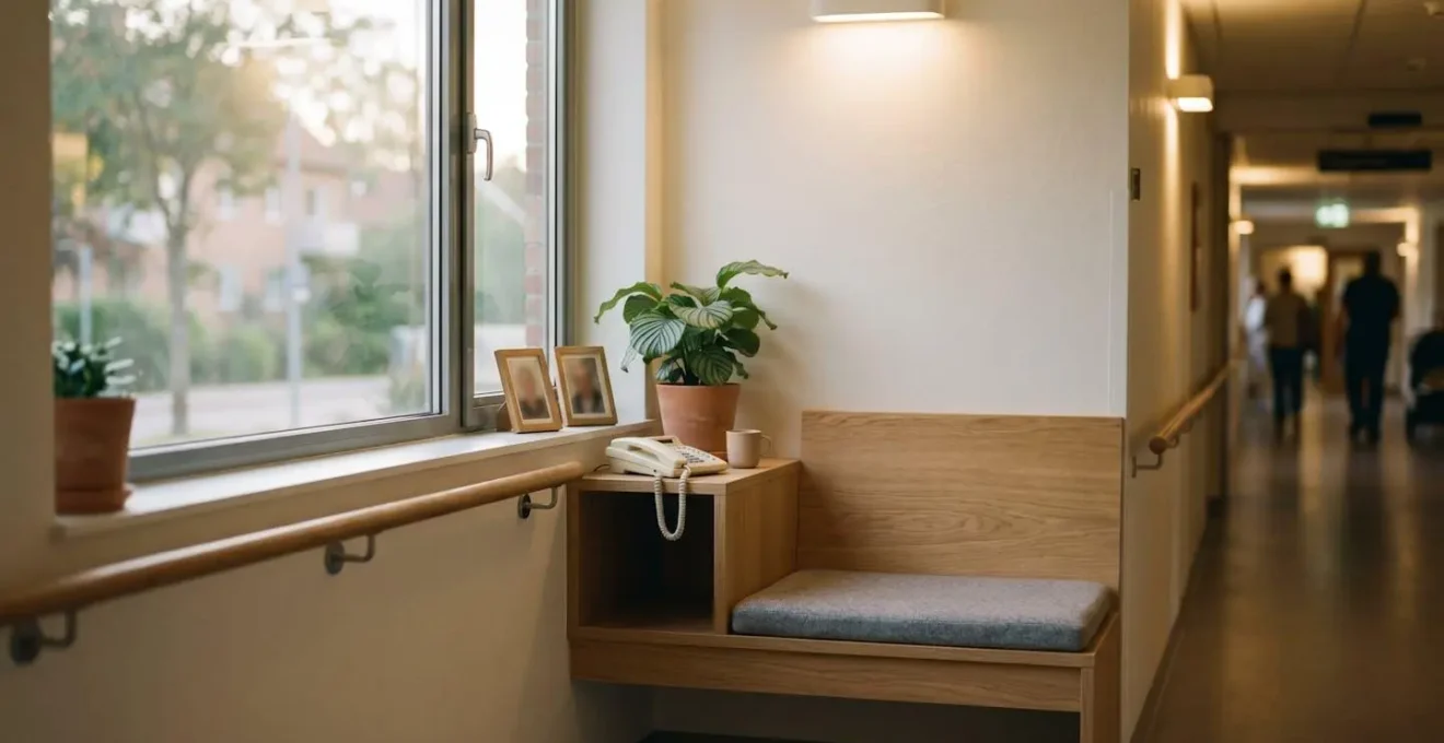 Couloir aménagé avec une station de repos fonctionnelle incluant un siège stable près d'une console avec téléphone et point d'intérêt visuel pour transformer le trajet en expérience positive